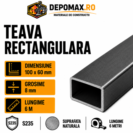 Teava rectangulara 100 x 60 x 8 mm, 6 metri